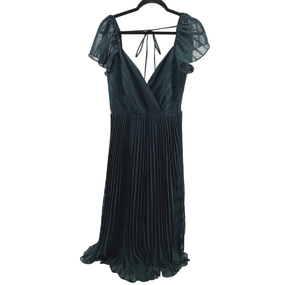 Lulus Emerald Green Pleated Midi Dress L NWT Flutter Sleeve V Neck Party Wedding